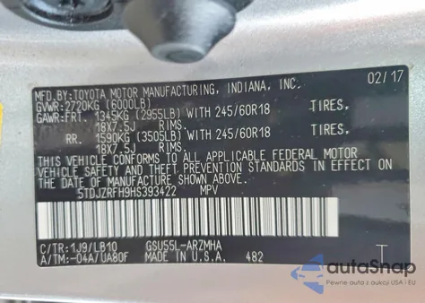 2017 Toyota Highlander Se from USA, damaged, VIN 5TDJZRFH9HS393422